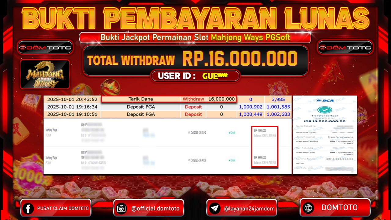 JACKPOT Slot Mahjong Ways PGSoft  01 OKTOBER 2025